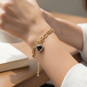 3/$35 Gold Chain Black Heart Pendant Bracelet Rhinestone Statement Jewelry